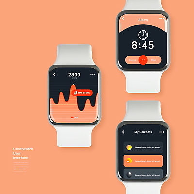 PSD 편집이미지 시계 그래프 사람없음 스마트기기 검은색 알람 시간 UI 목록 연락처 인터페이스 스마트워치 만보기 코랄 이미지편집 컬러 전자제품 웨어러블 파일형식