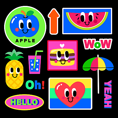 영어 화살표 음료 스티커 일러스트 수박 표정 미소 사람없음 컬러풀 귀여움 하트 파라솔 사과 파인애플 마카롱 HELLO 감탄사 와우 키치 국내일러스트 AI파일 모양 문자 컬러 컨셉 과일 디저트 인사 열대과일 파일형식 벡터