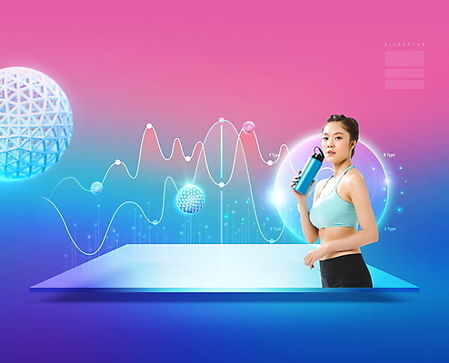 PSD 편집이미지 여자 분홍색 한명 들기 상반신 20대 성인 파란색 빛 운동복 운동 건강관리 한국인 원형 물병 홀로그램 의료성형뷰티 성인여자한명만 곡선그래프 바이오리듬 이미지편집 도형 1 옷 컬러 모션 그래프 건강 관리 사람 동양인 청년 물통 여자한명만 성인여자만 파일형식