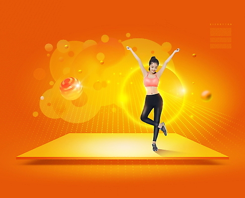 전신 PSD 편집이미지 여자 한명 20대 성인 빛 운동복 운동 건강관리 주황색 만세 한국인 원형 한발서기 의료성형뷰티 성인여자한명만 바이오리듬 이미지편집 도형 1 옷 컬러 모션 건강 관리 서기 사람 동양인 청년 여자한명만 성인여자만 파일형식