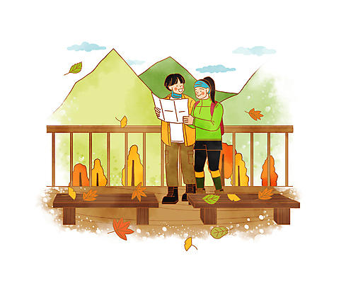 전신 PSD 나무 구름 커플 여자 남자 단풍 낙엽 지도 벤치 일러스트 휴식 산 함께함 서기 들기 성인 두명 울타리 등산 가을 등산객 등산복 확인 휴식처 성인만 국내일러스트 자연요소 식물 옷 계절 컨셉 잎 의자 관계 모션 사람 담장 트래킹 파일형식