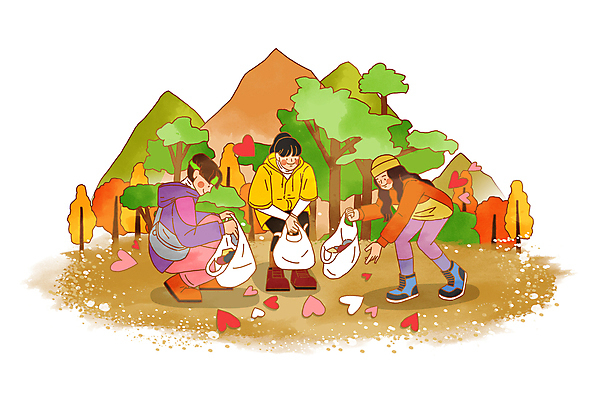 전신 PSD 나무 여자 남자 단풍 일러스트 비닐봉투 산 함께함 들기 청년 성인 세명 자연보호 그린캠페인 등산 가을 하트 쓰레기 등산객 등산복 웅크림 쓰레기줍기 성인만 플로깅 국내일러스트 모양 식물 옷 계절 캠페인 컨셉 잎 모션 자연 봉투 사람 트래킹 보호 파일형식 줍기