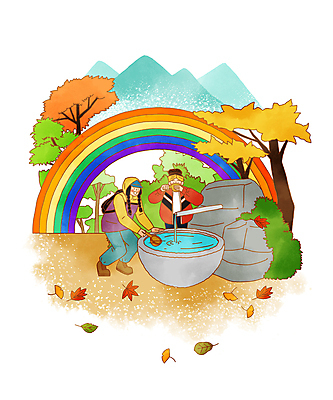 전신 PSD 나무 여자 무지개 단풍 낙엽 일러스트 휴식 산 함께함 상반신 성인 두명 등산 가을 돌_바위 풀 등산객 등산복 바가지 물뜨기 물마시기 약수터 성인여자만 국내일러스트 자연요소 식물 옷 계절 컨셉 잎 사람 트래킹 마시기 여자만 성인만 파일형식