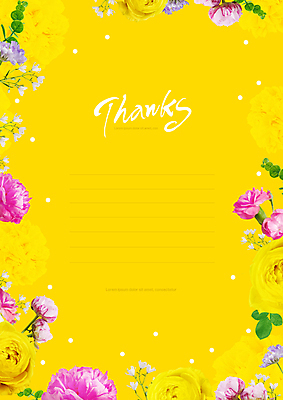 PSD 편집이미지 영어 꽃 캘리그라피 프레임 사람없음 노란색 편지지 감사 꽃프레임 작약 카탈리나 이미지편집 식물 문자 감정 컬러 편지 파일형식