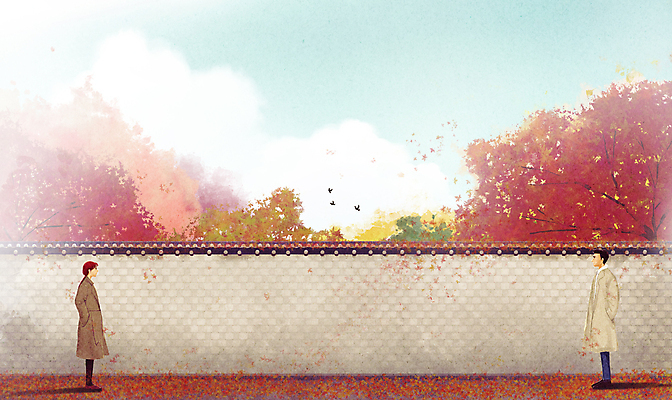 전신 PSD 구름 여자 남자 단풍 일러스트 단풍나무 사랑 서기 성인 두명 마주보기 가을풍경 만남 코트 가을 돌담길 성인만 국내일러스트 자연요소 나무 계절 감정 길 컨셉 잎 모션 돌담 사람 풍경 외투 파일형식 가을_계절