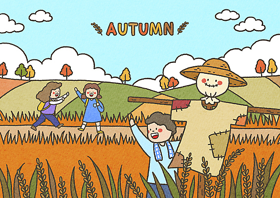 PSD 구름 여자 남자 어린이 밭 일러스트 논 소녀 상반신 성인 세명 벼 가을 인사 농부 허수아비 시골길 밭길 국내일러스트 자연요소 직업 계절 길 농업 곡류 사람 예절 파일형식