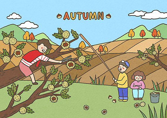 전신 PSD 구름 여자 남자 어린이 일러스트 산 논 매달리기 집게 서기 들기 앉기 소녀 소년 세명 가을 나뭇가지 시골 장대 밤 밤나무 웅크림 밤따기 어린이만 국내일러스트 자연요소 나무 계절 농업 모션 사람 견과류 밤_견과류 파일형식