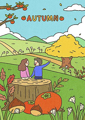 PSD 구름 커플 여자 남자 일러스트 나뭇잎 감 갈대 앉기 초원 상반신 성인 두명 손잡기 가을 나뭇가지 가리킴 밤 언덕 감나무 은행나무 나무밑둥 성인만 국내일러스트 자연요소 나무 식물 계절 잎 과일 관계 모션 사람 손짓 견과류 파일형식