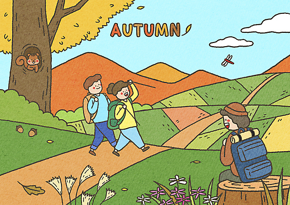 전신 PSD 나무 구름 여자 남자 두마리 일러스트 배낭 산 갈대 앉기 상반신 성인 세명 걷기 등산 가을 인사 잠자리 등산객 코스모스 다람쥐 도토리 은행나무 나무밑둥 성인만 국내일러스트 자연요소 식물 계절 꽃 곤충 2 가방 모션 사람 트래킹 견과류 예절 설치류 파일형식