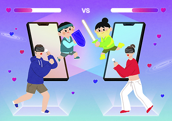 전신 PSD 여자 남자 어린이 일러스트 서기 들기 소녀 소년 여러명 성인 스마트폰 보라색 경쟁 게임 하트 게임기 싸움 방패 가상공간 게이지 게임캐릭터 광선검 가상현실 VR기기 메타버스 국내일러스트 일러캐릭터 모양 캐릭터 무기 컬러 다수 컨셉 모션 놀이 사람 핸드폰 스마트기기 기계 검 파일형식