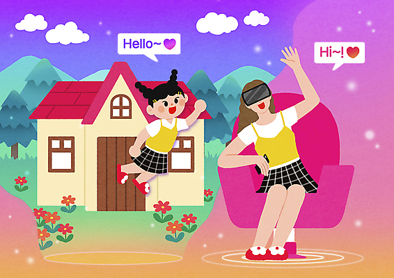 전신 PSD 나무 구름 여자 꽃 어린이 분홍색 말풍선 의자 일러스트 주택 들기 앉기 소녀 성인 두명 스마트폰 소파 정원 게임 손인사 가상공간 아바타 가상현실 여자만 VR기기 메타버스 국내일러스트 자연요소 식물 컬러 가구 모션 놀이 사람 건물 핸드폰 스마트기기 기계 인사 파일형식