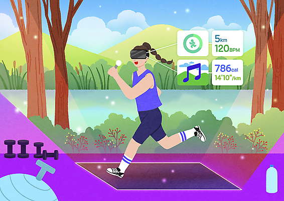 전신 PSD 나무 구름 공원 여자 일러스트 산 한명 들기 성인 달리기 운동 운동기구 아령 짐볼 런닝머신 가상공간 가상현실 성인여자한명만 VR기기 메타버스 국내일러스트 자연요소 식물 1 공공시설 모션 건강 사람 헬스 기계 여자한명만 성인여자만 파일형식