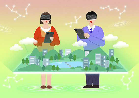 전신 PSD 구름 공원 여자 남자 호수 일러스트 회의 산 서기 들기 성인 두명 건물 초록색 태블릿 별자리 비즈니스맨 비즈니스우먼 가상공간 가상현실 성인만 VR기기 메타버스 국내일러스트 자연요소 건축물 공공시설 컬러 비즈니스 모션 사람 전자제품 스마트기기 기계 직장인 파일형식