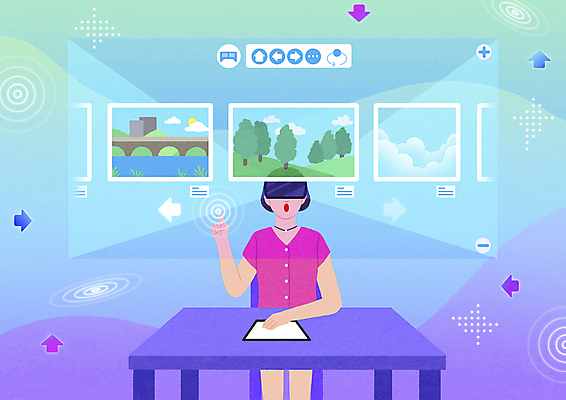 PSD 여자 화살표 하늘색 일러스트 탁자 한명 앉기 상반신 성인 태블릿 보라색 터치 전시회 구경 책상 작품 가상공간 홀로그램 가상현실 성인여자한명만 VR기기 메타버스 국내일러스트 1 컬러 가구 모션 미술 사람 파란색 전자제품 스마트기기 기계 전시 여자한명만 성인여자만 파일형식