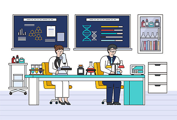 여자 남자 겨울 의자 일러스트 비즈니스 그래프 고글 선반 알림판 현미경 실험기구 실험 사람 성인 두명 컬러풀 비즈니스맨 비즈니스우먼 연구원 책상 비커 삼각플라스크 화학약품 성인만 국내일러스트 AI파일 직업 계절 컬러 과학 가구 직장인 화학 플라스크 물질 파일형식 벡터