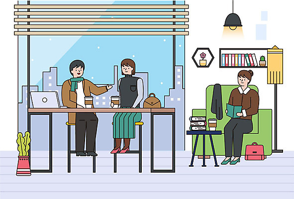 여자 남자 꽃 커피 겨울 의자 가방 일러스트 비즈니스 탁자 휴식 사람 성인 세명 노트북 소파 컬러풀 카페 스탠드 눈 비즈니스맨 비즈니스우먼 책상 성인만 국내일러스트 AI파일 자연요소 식물 잡화 계절 음료 컬러 가구 컨셉 날씨 조명 전자제품 상점 직장인 파일형식 벡터