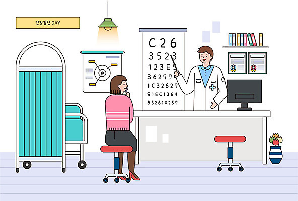 여자 남자 겨울 의자 일러스트 비즈니스 선반 사람 성인 두명 컬러풀 의사 책상 안과 시력검사 건강검진 시력검사표 성인만 국내일러스트 AI파일 계절 컬러 가구 병원 의료진 검사_조사 파일형식 벡터