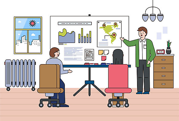 여자 남자 세계지도 겨울 의자 일러스트 비즈니스 회의 그래프 사람 성인 두명 컬러풀 비즈니스맨 비즈니스우먼 난로 화이트보드 성인만 국내일러스트 AI파일 계절 컬러 가구 지도 세계 직장인 난방기 파일형식 벡터