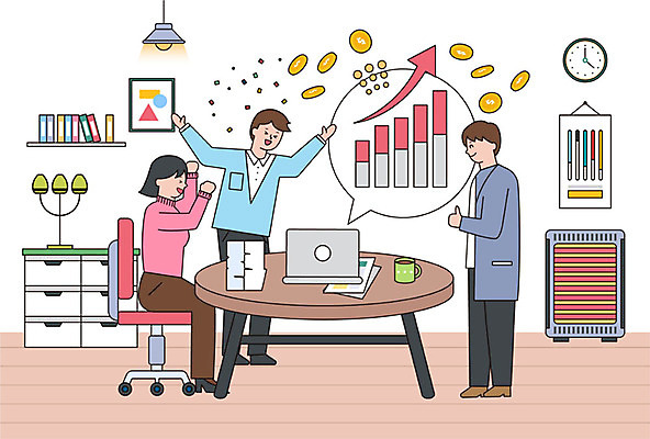 여자 남자 말풍선 겨울 의자 일러스트 비즈니스 그래프 사람 성인 세명 노트북 컬러풀 동전 머그컵 비즈니스맨 비즈니스우먼 문서 상승 성인만 국내일러스트 AI파일 계절 컬러 가구 컨셉 돈 컵 전자제품 직장인 파일형식 벡터