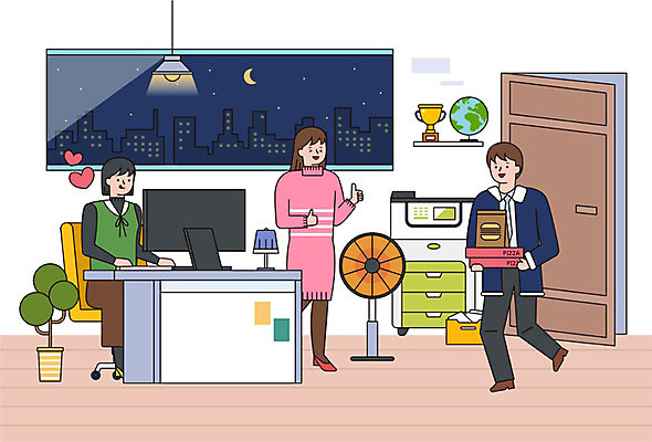 여자 남자 겨울 의자 일러스트 비즈니스 피자 사람 성인 세명 컴퓨터 컬러풀 사무실 지구본 문 햄버거 비즈니스맨 비즈니스우먼 트로피 책상 야근 성인만 국내일러스트 AI파일 계절 컬러 가구 패스트푸드 서양음식 전자제품 업무 직장인 상_우승 파일형식 벡터
