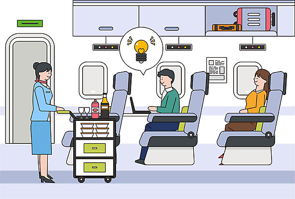 여자 남자 말풍선 겨울 의자 일러스트 비즈니스 전구 비행기 사람 성인 세명 노트북 컬러풀 캐리어 승무원 출장 서빙카트 성인만 국내일러스트 AI파일 직업 계절 컬러 가구 항공교통 대중교통 전자제품 여행가방 카트 파일형식 벡터