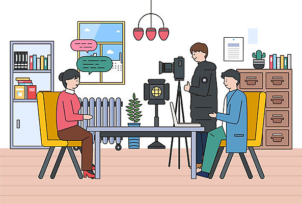 여자 남자 말풍선 겨울 의자 일러스트 비즈니스 사람 성인 세명 노트북 컬러풀 카메라 난로 책상 방송 인터뷰 스태프 취재 성인만 국내일러스트 AI파일 계절 컬러 가구 전자제품 난방기 파일형식 벡터