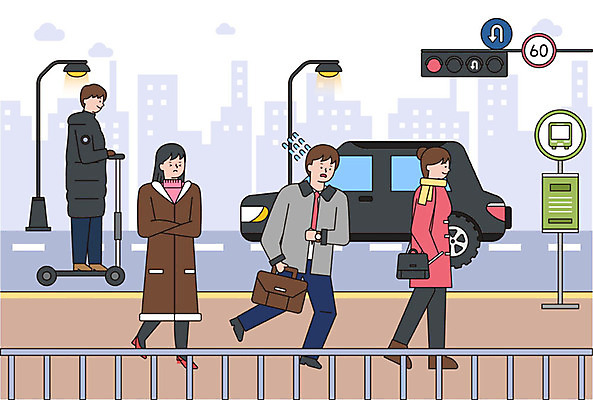 여자 남자 도로 겨울 가로등 가방 일러스트 비즈니스 난간 자동차 사람 여러명 성인 컬러풀 버스정류장 신호등 지각 출근 버스정류장안내판 퀵보드 성인만 국내일러스트 AI파일 잡화 계절 공공시설 길 육상교통 교통수단 컬러 다수 교통시설 역 출퇴근 버스안내판 파일형식 벡터