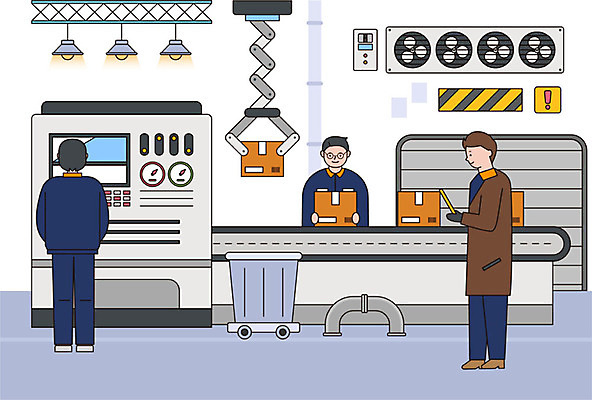 남자 겨울 일러스트 비즈니스 공장 관리 사람 세명 상자 컬러풀 기계 비즈니스맨 확인 셔터 환풍기 안전바 컨베어밸트 성인남자만 국내일러스트 AI파일 계절 컬러 공업 장비 직장인 남자만 성인만 파일형식 벡터