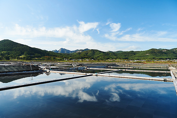 포토 JPG 주간 구름 하늘 산 풍경 사람없음 야외 관광지 반사 맑음 가을 곰소염전 방조제 부안 염전 국내포토 자연요소 계절 여행 날씨 전라북도 시설 파일형식