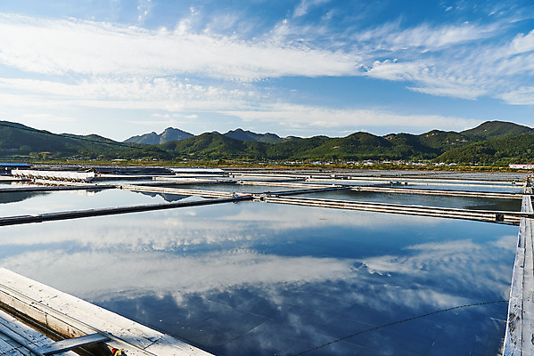포토 JPG 주간 구름 하늘 산 풍경 사람없음 야외 관광지 반사 맑음 가을 곰소염전 방조제 부안 염전 국내포토 자연요소 계절 여행 날씨 전라북도 시설 파일형식