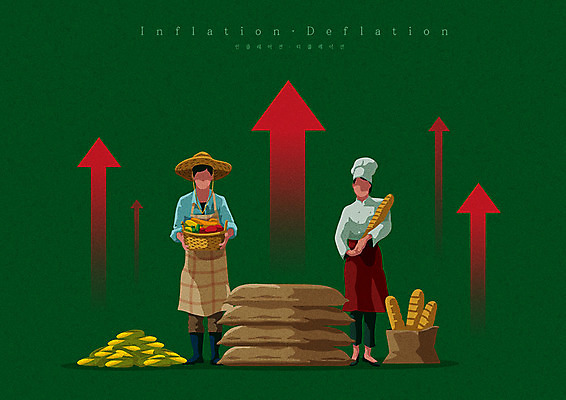 여자 남자 화살표 돈 채소 일러스트 그래프 옥수수 사람 성인 두명 초록색 금융 경제 농작물 시세 바게트 농부 사회이슈 상승 경제불황 쌀자루 제빵사 얼굴없음 성인만 국내일러스트 AI파일 직업 빵 컬러 컨셉 농업 곡류 재산 자루 불황 파일형식 벡터
