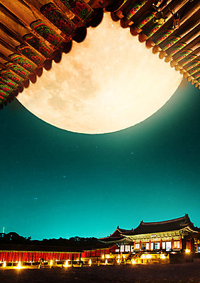 PSD 편집이미지 별 야경 자연 한옥 사람없음 궁전 달 달빛 청록색 지붕처마 이미지편집 자연요소 한국전통 컬러 고건축 지붕 야간 생태계 처마 파일형식 풍경_경치