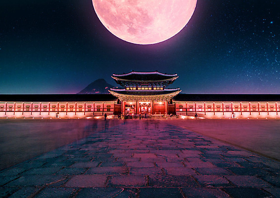 PSD 편집이미지 별 야경 자연 사람 여러명 컬러풀 궁전 달 달빛 경복궁 이미지편집 자연요소 컬러 다수 고건축 한국 야간 생태계 파일형식 풍경_경치