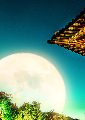 PSD 나무 편집이미지 고건축 야경 자연 한옥 사람없음 컬러풀 궁전 달 달빛 지붕처마 이미지편집 자연요소 식물 한국전통 건축물 컬러 지붕 야간 생태계 처마 파일형식 풍경_경치