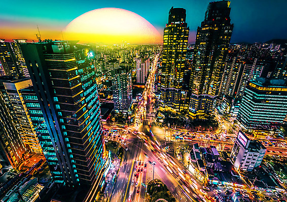 PSD 편집이미지 도로 야경 자동차 자연 빌딩 사람없음 건물 도시풍경 컬러풀 달 도시 달빛 네온 이미지편집 자연요소 건축물 길 육상교통 컬러 교통시설 풍경 야간 생태계 파일형식 풍경_경치