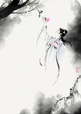 PSD 여자 꽃 일러스트 캘리그라피 붓터치 수묵화 한명 중국 전통의상 동양화 번짐 중국전통 여자한명만 국내일러스트 식물 1 전통 아시아 미술 사람 여자만 파일형식 효과