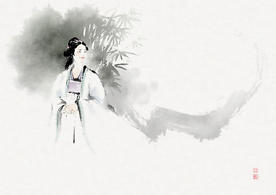 PSD 여자 일러스트 캘리그라피 붓터치 수묵화 한명 중국 전통의상 대나무 동양화 번짐 중국전통 여자한명만 국내일러스트 나무 1 전통 아시아 미술 사람 여자만 파일형식 효과