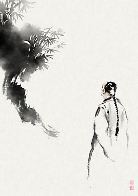 PSD 남자 일러스트 캘리그라피 붓터치 수묵화 한명 중국 전통의상 대나무 동양화 뒷짐 번짐 중국전통 변발 남자한명만 국내일러스트 나무 1 전통 아시아 모션 미술 사람 남자만 파일형식 효과