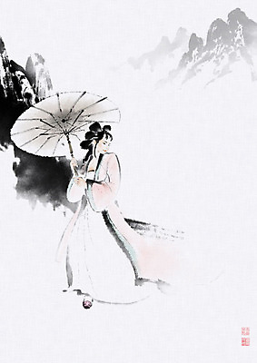 PSD 여자 일러스트 우산 캘리그라피 붓터치 수묵화 한명 계곡 중국 전통의상 동양화 번짐 중국전통 여자한명만 국내일러스트 1 전통 아시아 미술 사람 여자만 파일형식 효과