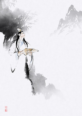 PSD 남자 일러스트 캘리그라피 붓터치 산 수묵화 한명 책 독서 중국 전통의상 대나무 동양화 번짐 중국전통 남자한명만 국내일러스트 나무 1 전통 아시아 미술 사람 남자만 파일형식 효과