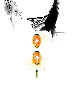 PSD 일러스트 캘리그라피 지붕 붓터치 사람없음 중국 등불 동양화 번짐 처마 중국전통 중국등 홍등 국내일러스트 전통 아시아 조명 미술 파일형식 효과