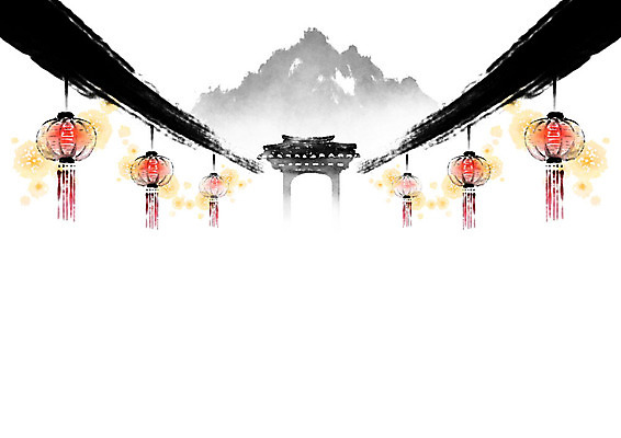 PSD 고건축 일러스트 캘리그라피 붓터치 산 거리 기와 사람없음 문 중국 등불 기둥 동양화 번짐 중국전통 중국등 홍등 국내일러스트 전통 건축물 건축 아시아 조명 미술 파일형식 효과