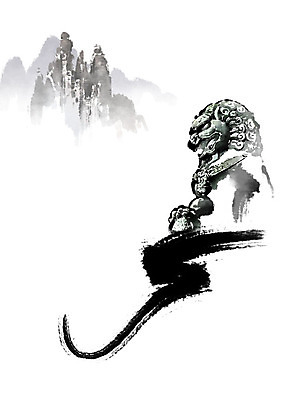 PSD 일러스트 캘리그라피 붓터치 수묵화 사람없음 동상 중국 문화재 동양화 번짐 중국전통 사자상 국내일러스트 전통 아시아 미술 조형물 기념물 파일형식 효과