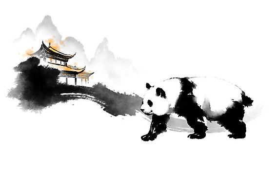 PSD 한마리 고건축 일러스트 캘리그라피 붓터치 산 수묵화 사람없음 중국 판다 동양화 번짐 국내일러스트 1 건축물 아시아 곰 미술 파일형식 효과