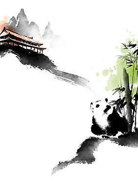 PSD 한마리 고건축 일러스트 캘리그라피 붓터치 산 수묵화 사람없음 중국 판다 대나무 동양화 번짐 국내일러스트 나무 1 건축물 아시아 곰 미술 파일형식 효과