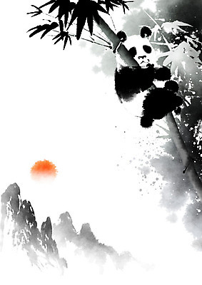 PSD 한마리 일러스트 캘리그라피 붓터치 산 수묵화 사람없음 태양 중국 판다 대나무 동양화 번짐 국내일러스트 자연요소 나무 1 아시아 곰 미술 파일형식 효과