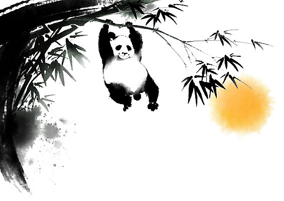 PSD 한마리 일러스트 캘리그라피 붓터치 수묵화 사람없음 태양 중국 판다 대나무 동양화 번짐 국내일러스트 자연요소 나무 1 아시아 곰 미술 파일형식 효과