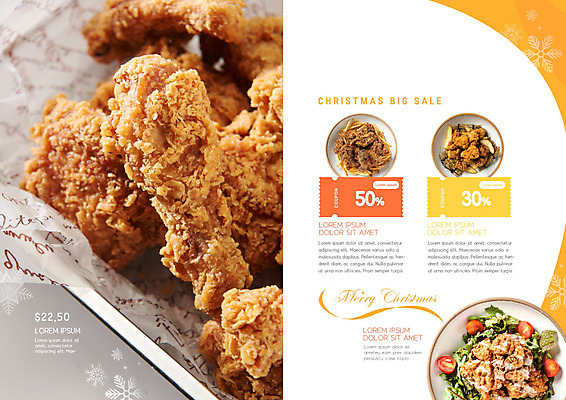 PSD 템플릿 그릇 표지디자인 북디자인 출판디자인 행복 내지 음식 리플렛 크리스마스 겨울 북커버 팜플렛 사람없음 노란색 세일 주황색 치킨 쿠폰 눈꽃무늬 빅세일 이미지템플릿 식기 계절 기념일 감정 컬러 무늬 눈꽃 닭고기요리 파일형식