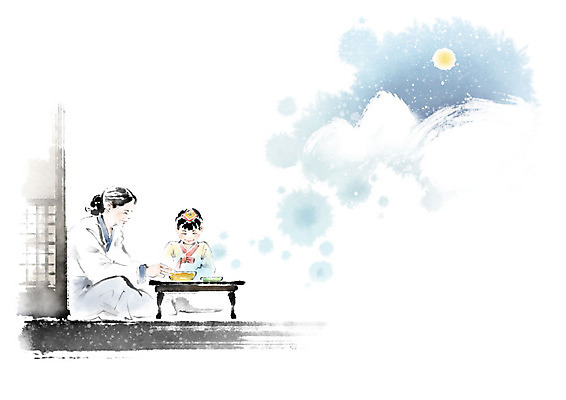 PSD 그릇 계절 여자 할머니 겨울 일러스트 캘리그라피 하늘 손녀 산 사람 두명 문 터치 달 한복 절기 동양화 번짐 동지 동지팥죽 탁상 툇마루 팥죽 여자만 국내일러스트 자연요소 한국전통 식기 노년 가구 미술 마루_인테리어 전통의상 손주 죽 파일형식 효과
