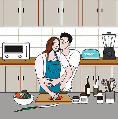 라이프스타일 부부 커플 여자 남자 행복 결혼 일러스트 신혼부부 사랑 요리 사람 성인 두명 일상 생활 주방 백허그 부부라이프 성인만 딩크족 국내일러스트 AI파일 감정 관계 포옹 이벤트 라이프 신혼 파일형식 벡터
